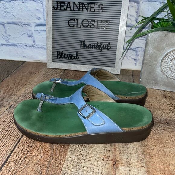 SAS Blue And Green Sanibel T-Strap Slide Leather Sandals. Size 11. - Picture 2 of 10